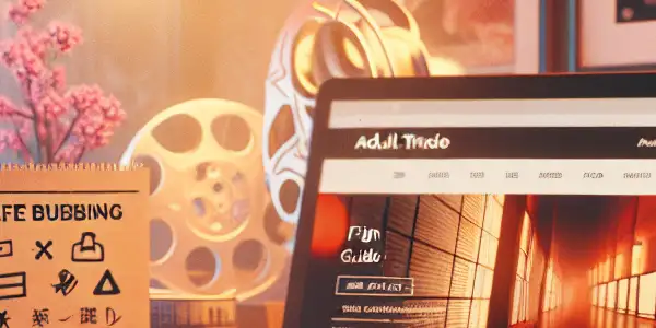 A modern workspace showcasing a vibrant adult film guide website with Japanese AV references and cozy decor.