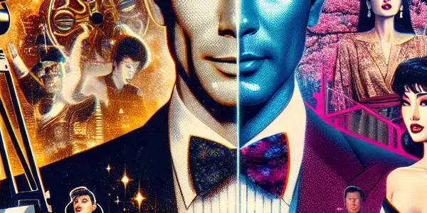 A split-screen scene contrasting glamorous Hollywood with a vibrant Japanese adult film set, blending cinematic and playful elements.