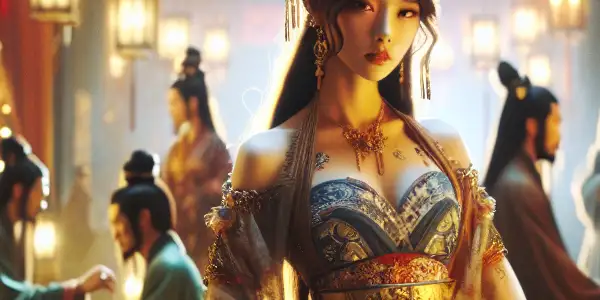 A seductive woman in flowing garments captivates in a vibrant ancient Chinese marketplace filled with intrigue.