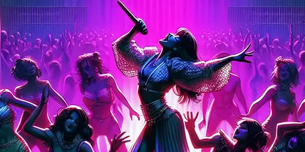A charismatic singer performs in a dimly lit club, surrounded by dancers, evoking themes of allure and controversy.