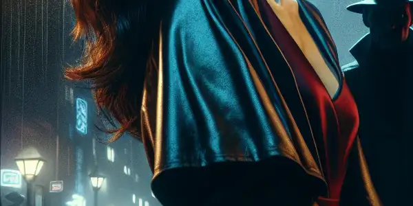 A shadowy figure in a trench coat and a glamorous woman in an elegant dress create a mysterious urban thriller scene.