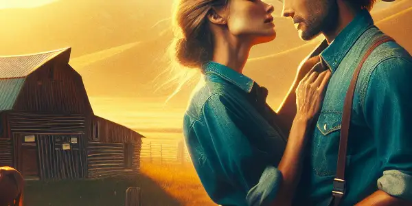 A passionate couple embraces on a sunlit ranch, surrounded by rolling hills, horses, and rustic charm.