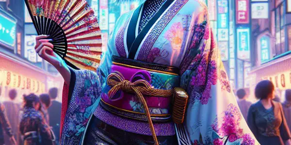 A confident character inspired by Hannah Harper explores vibrant Tokyo nightlife, blending Western and Eastern aesthetics amidst neon lights and cherry blossoms.