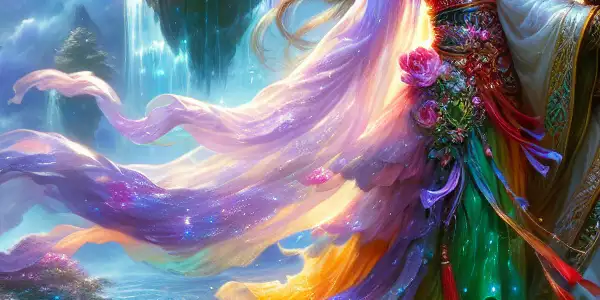 A heroic male cultivator and a stunning female companion share a romantic moment in a mystical, enchanted landscape.