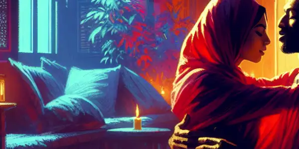 A couple in a tender embrace, surrounded by warm light and rich fabrics, evoking intimacy and emotional connection.