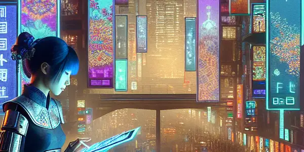 A vibrant, neon-lit cityscape featuring diverse adult entertainment advertisements and a tech-savvy individual browsing content on a tablet.