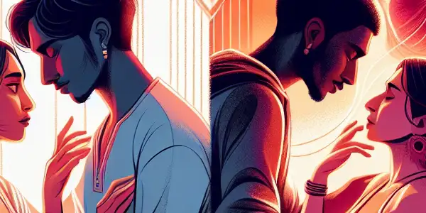 A split illustration contrasting a tender, intimate scene with a vibrant, passionate interaction, exploring emotional nuances in adult films.