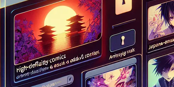 Futuristic web browser interface for adult entertainment, showcasing erotic comics and films with privacy features in a cozy setting.