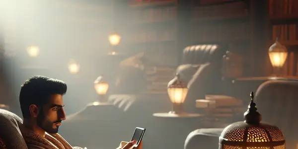 A cozy room with a person reading erotic literature on a smartphone, surrounded by warm lighting and vintage decor.