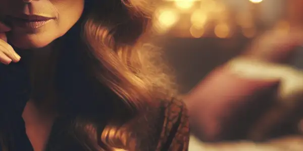 A sophisticated woman in an elegant, dimly-lit bedroom, reflecting romance and sensuality, with a book titled "Forbidden Love."