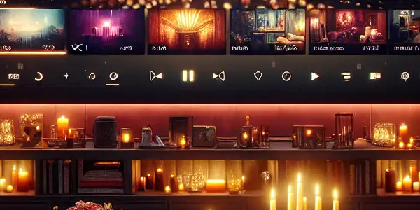 A cozy living room setup for watching adult content, featuring a high-tech TV and plush seating.