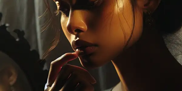 A somber female character in a dim room, reflecting inner conflict and sorrow amidst broken mirrors and wilted flowers.