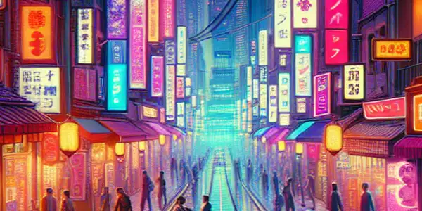 A vibrant neon-lit street in an Asian adult entertainment district, bustling with diverse individuals and colorful billboards.