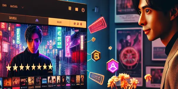 A young man excitedly navigates a vibrant digital platform for Japanese adult films, showcasing colorful graphics and star ratings.