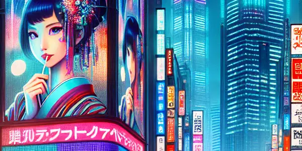 A vibrant, neon-lit cityscape in Japan featuring charismatic AV actresses and iconic film titles, evoking romance and energy.