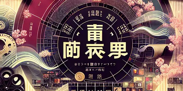 A vibrant studio scene showcasing Japanese adult film culture with colorful posters, film elements, and traditional art hints.