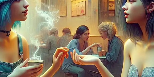 Two young women share an intimate conversation in a cozy café, surrounded by warm lighting and inviting ambiance.