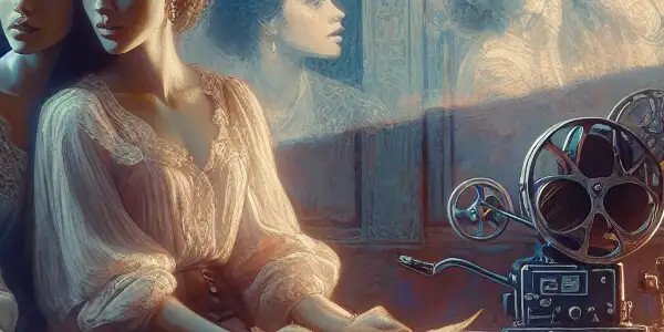 Two women share an intimate moment in a vintage, softly lit room, symbolizing passion and tenderness.