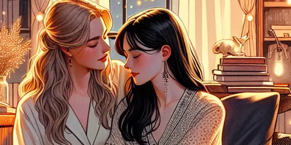 Two women share a tender moment in a cozy, warmly lit room filled with cushions and fairy lights.