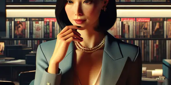 A confident female department head in a modern office, balancing professionalism with hidden desires and provocative elements.