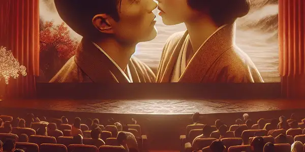 A dimly lit luxurious theater showcasing a romantic scene from a Japanese adult film, with captivated audience silhouettes.
