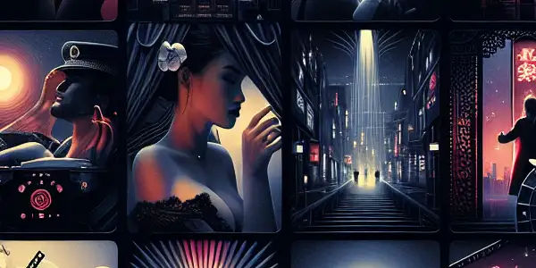 A modern digital interface showcasing vibrant adult film thumbnails and Japanese AV movies with an inviting, cinematic atmosphere.