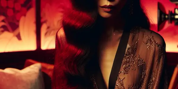 A charismatic actress in a dramatic film studio, exuding passion and allure amidst rich colors and elegant props.