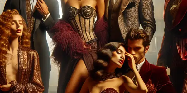 A luxurious, intimate setting showcasing diverse models in stylish outfits, blending Western and Eastern elements of romance and seduction.