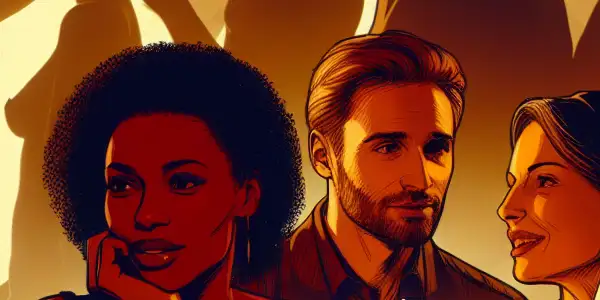 A dimly lit room with young adults engaged in passionate conversation, hinting at intimacy and sensuality.