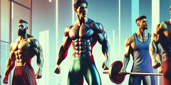 Muscular models in a modern gym exuding confidence and sensuality through dynamic interactions and athletic postures.