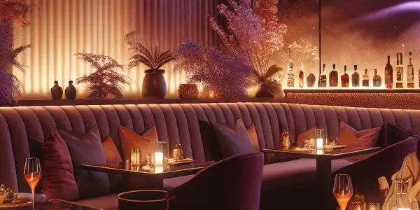 A luxurious, intimate restaurant in Beijing featuring couples dining, soft lighting, and subtle erotic artwork.