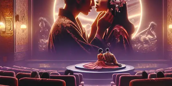 A dimly lit movie theater scene captures a couple's curiosity and excitement while watching a blurred sensual film.