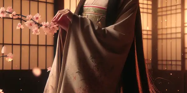 An elegant Japanese nun in a serene temple, surrounded by cherry blossoms and glowing lanterns, exuding mystique and allure.